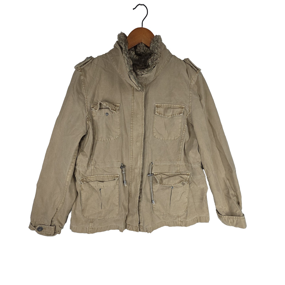 Vtg Levis Jacket Womens Beige Tan Button Up Retro Y2K Sz XL 2000s 90s Grunge Fur